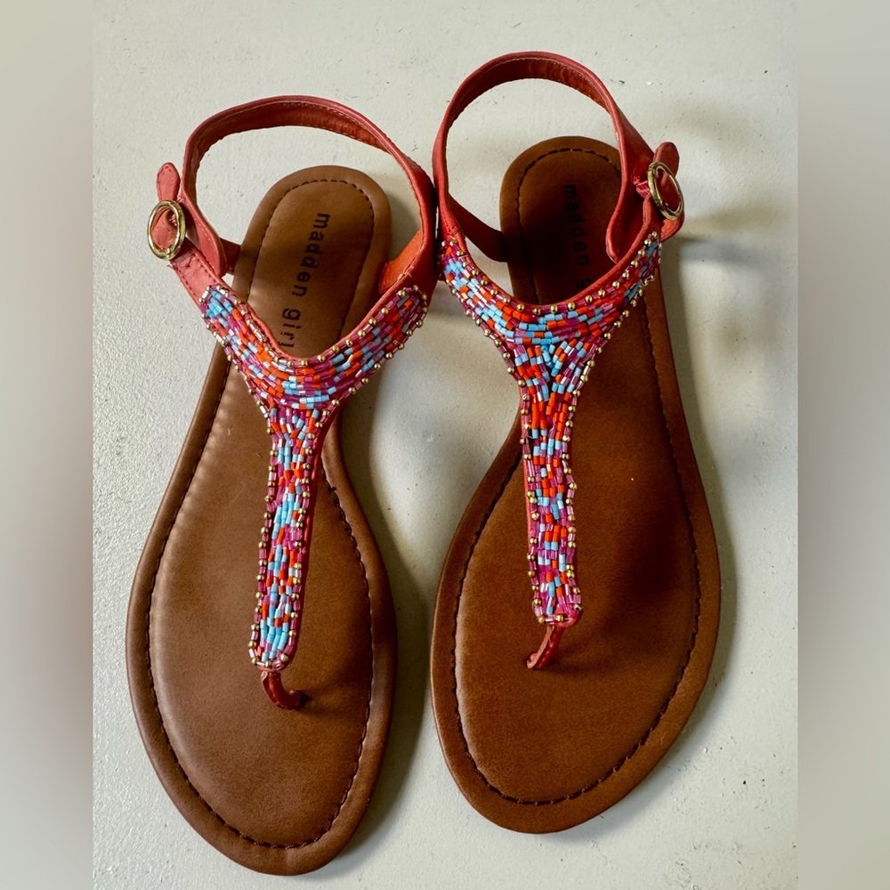 Madden Girl Red and Brown Beaded Sandals